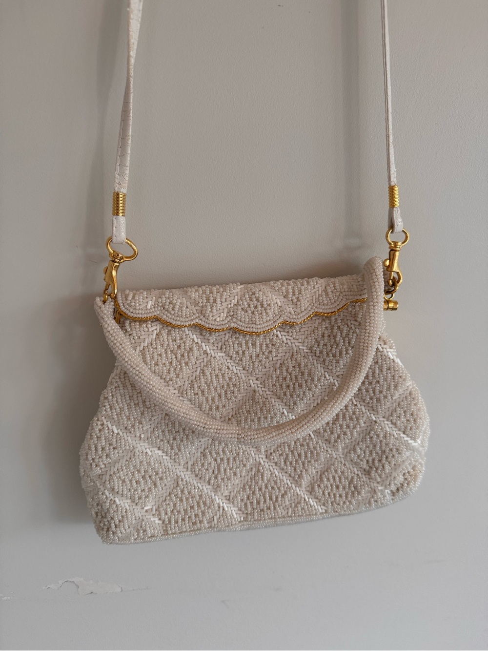 Vintage Beaded Scallop-Flap Crossbody Bag with Gold Accents
